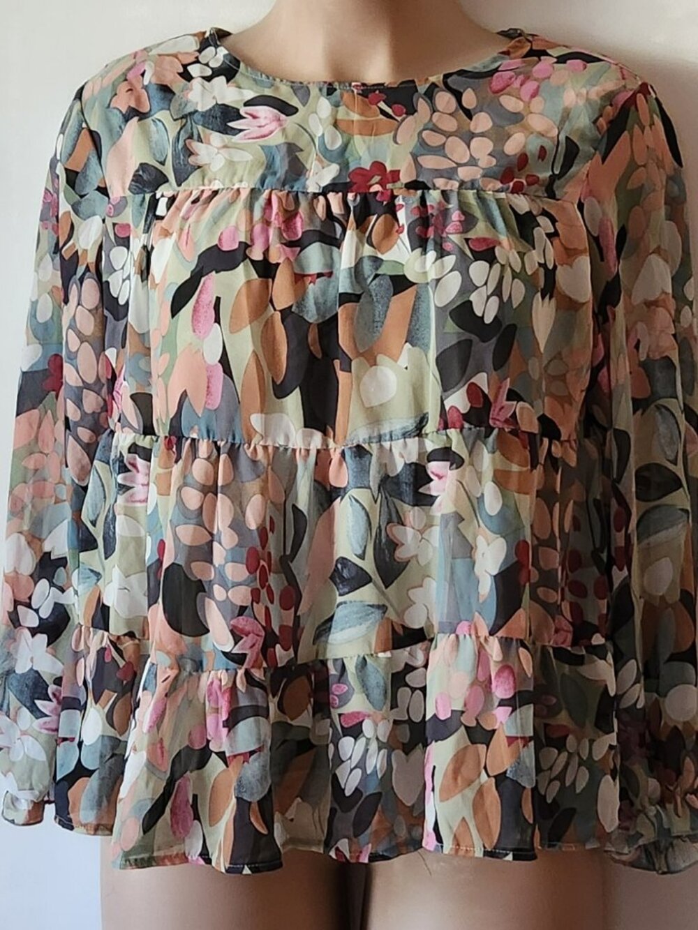 Beautiful floral babydoll blouse sz XL green pink ecru VGUC
